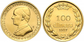 Andorra Bischof Johann von Urgell 100 Diners 1987 Friedberg 3, KM 41 5,00g stgl