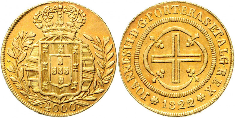 Brasilien Joao VI. 1818 - 1822 4000 Reis 1822 Rio herrliche Goldpatina Friedberg...
