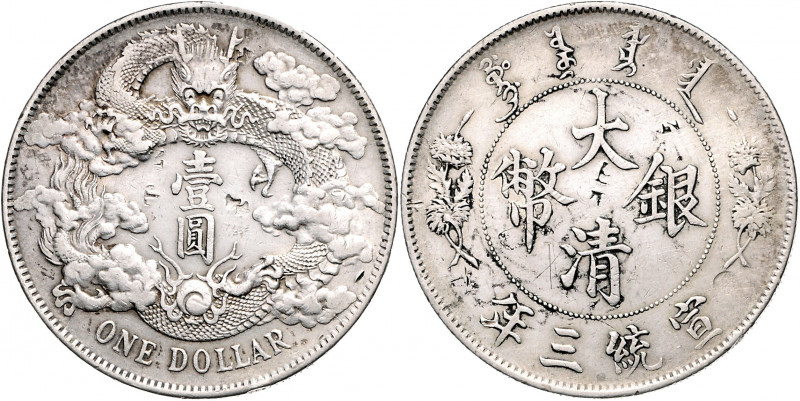 China Hsüan-túng 1908 - 1911 Dollar 1911/Jahr 3 Chinesische Chopmarks KM Y3, L+M...