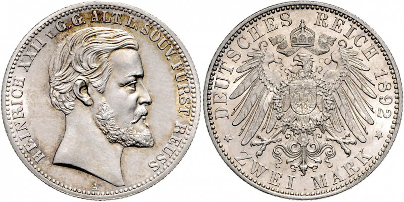 Deutschland Reuss-Greiz, Fürstentum Heinrich XXII. 1859 - 1902 2 Mark 1892 A Ber...