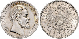Deutschland Reuss-Greiz, Fürstentum Heinrich XXII. 1859 - 1902 2 Mark 1892 A Berlin zur 25jährigen selbständigen Regierung Jaeger 117 11,13g stgl
