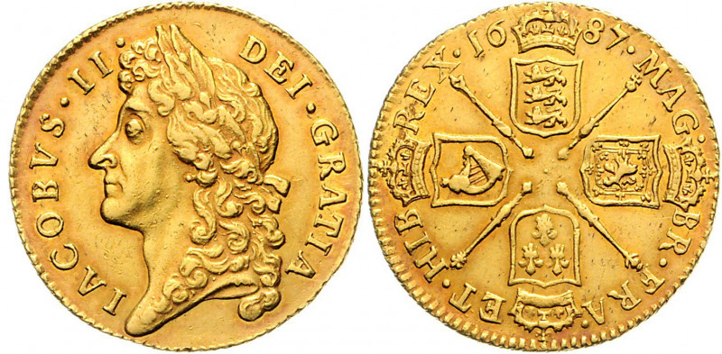 Großbritannien James II. 1685 - 1688 1 Guinea 1687 London Second laureate bust l...