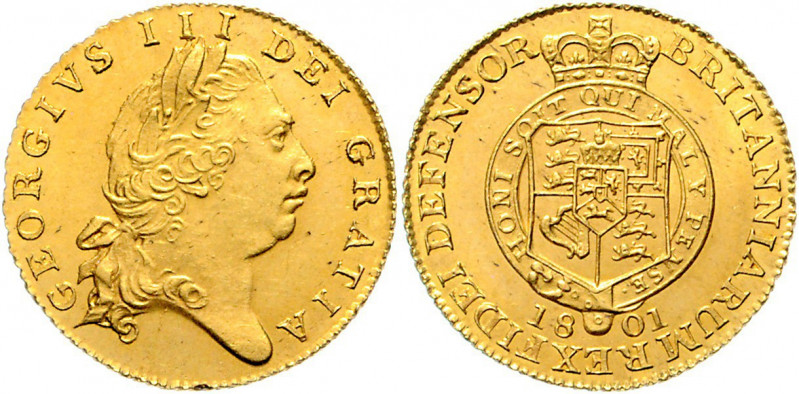 Großbritannien George III. 1760 - 1820 1/2 Guinea 1801 London Laureate head // c...