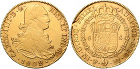 Spanien Carlos III. 1788 - 1808 8 Escudos 1802 NI-PP Potosí Schrötlingsfehler im Revers, feiner Kratzer KM 81 26,98g ss/vz