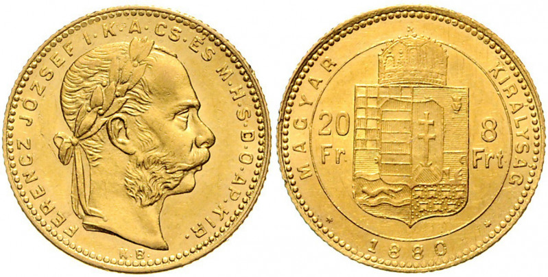 Franz Joseph I. 1848 - 1916 8 Forint 1880 KB Kremnitz Fr. 1727 6,45g f.vz/vz