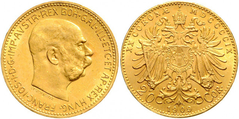 Franz Joseph I. 1848 - 1916 20 Kronen 1909 Wien Fr. 1939 6,78g vz