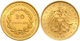 1. Republik 1918 - 1934 - 1938 20 Zollkronen 1924 Wien Her. 4 6,78g stgl