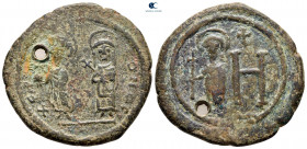 Maurice Tiberius with Constantina and Theodosius AD 590-593. Cherson. 8 Pentanummia or Follis Æ