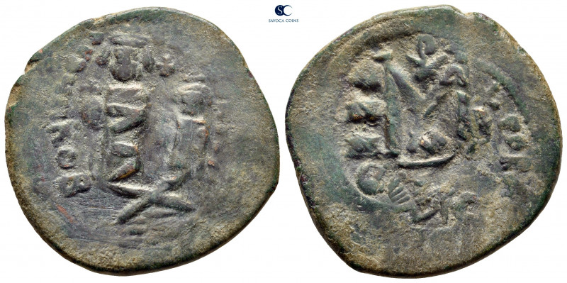 Heraclius with Heraclius Constantine AD 610-641. Constantinople
Follis or 40 Nu...