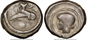 CALABRIA. Tarentum. Ca. 480-450 BC. AR didrachm (18mm, 7.75 gm, 12h). NGC (photo-certificate) Fine 3/5 - 2/5. TAPAS (retrograde), Taras astride dolphi...
