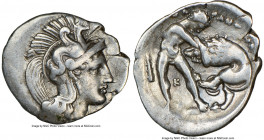 CALABRIA. Tarentum. Ca. 380-280 BC. AR diobol (14mm, 9h). NGC VF. Ca. 325-280 BC. Head of Athena right, wearing crested Attic helmet decorated with hi...
