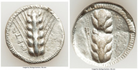 LUCANIA. Metapontum. Ca. 470-440 BC. AR stater (21mm, 7.21 gm, 12h). VF, edge chips, crystalized. META, barley ear with six grains; guilloche border o...