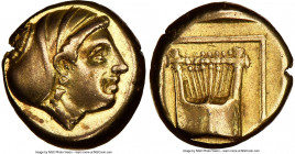 LESBOS. Mytilene. Ca. 412-378 BC. EL sixth-stater or hecte (11mm, 2.51 gm, 11h). NGC Choice XF 4/5 - 3/5, brushed. Female head right, wearing pendant ...
