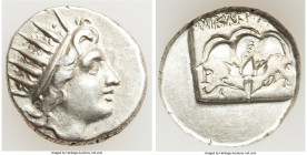 CARIAN ISLANDS. Rhodes. Ca. 88-84 BC. AR drachm (15mm, 2.70 gm, 11h). XF. Plinthophoric standard, Nicagoras, magistrate. Radiate head of Helios right ...