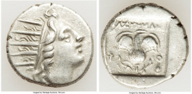 CARIAN ISLANDS. Rhodes. Ca. 88-84 BC. AR drachm (15mm, 2.48 gm, 12h). VF, brushed. Plinthophoric standard, Thrasymedes, magistrate. Radiate head of He...