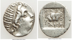 CARIAN ISLANDS. Rhodes. Ca. 88-84 BC. AR drachm (15mm, 12h). About XF, flan flaw. Plinthophoric standard, Maes, magistrate. Radiate head of Helios rig...