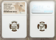 LYCIAN DYNASTS. Pericles (ca. 390-360 BC). AR third-stater (17mm, 8h). NGC AU. Uncertain mint. Lion scalp facing Π↑P-EK-Λ↑ (Pericles in Lycian), trisk...
