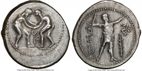 PAMPHYLIA. Aspendus. Ca. 325-250 BC. AR stater (25mm, 12h). NGC XF. Two wrestlers grappling; KY between / ΕΣΤFΕΔΙΥ, slinger standing right, placing bu...