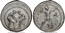 PAMPHYLIA. Aspendus. Ca. 325-250 BC. AR stater (25mm, 11h). NGC VF. Two wrestlers grappling; KN (N inverted) between / ΕΣΤFΕΔΙIΥ, slinger standing rig...