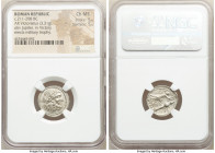 Anonymous. Ca. 211-208 BC. AR victoriatus (18mm, 3.31 gm, 2h). NGC Choice MS 5/5 - 5/5. Laureate head of Jupiter right; dotted border / ROMA, Victory ...