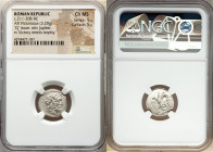 Anonymous. Ca. 211-208 BC. AR victoriatus (16mm, 3.20gm, 11h). NGC Choice MS 5/5 - 5/5. Apulia, Q series. Laureate head of Jupiter right / Victory sta...