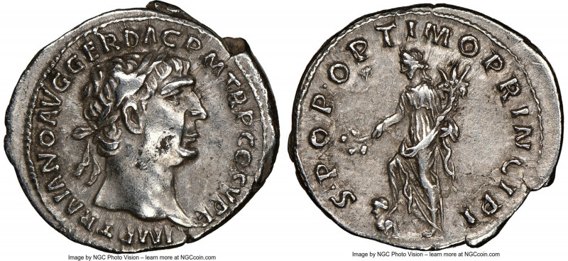 Trajan (AD 98-117). AR denarius (18mm, 7h). NGC XF. Rome, ca. AD 104-111. IMP TR...