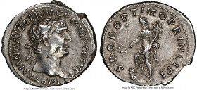 Trajan (AD 98-117). AR denarius (18mm, 7h). NGC XF. Rome, ca. AD 104-111. IMP TRAIANO AVG GER DAC P M TR P COS V P P, laureate head of Trajan right / ...