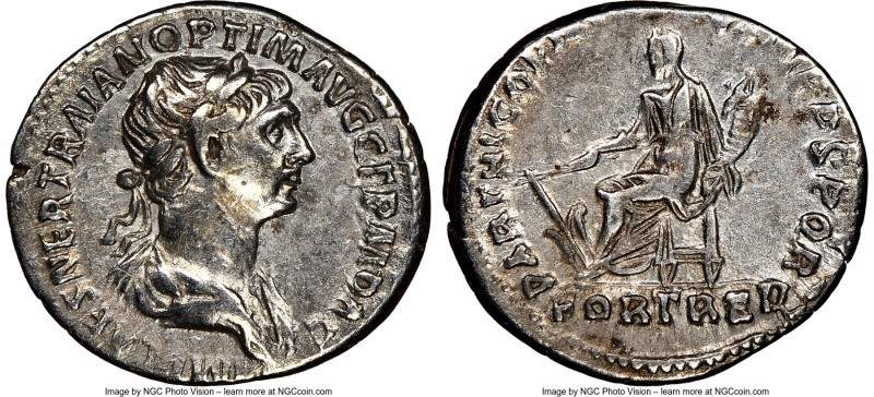 Trajan (AD 98-117). AR denarius (19mm, 6h). NGC Choice VF. Rome, AD 114-116. IMP...