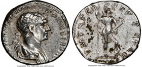 Trajan (AD 98-117). AR denarius (18mm, 7h). NGC Choice VF. Rome, AD 116. IMP CAES NER TRAIANO OPTIMO AVG GER DAC, laureate and draped bust of Trajan r...