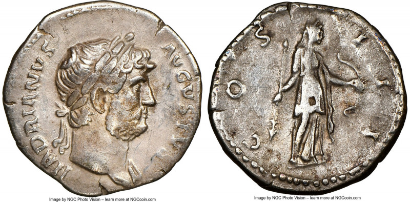 Hadrian (AD 117-138). AR denarius (19mm, 3.26 gm, 7h). NGC VF 5/5 - 3/5. Rome, c...