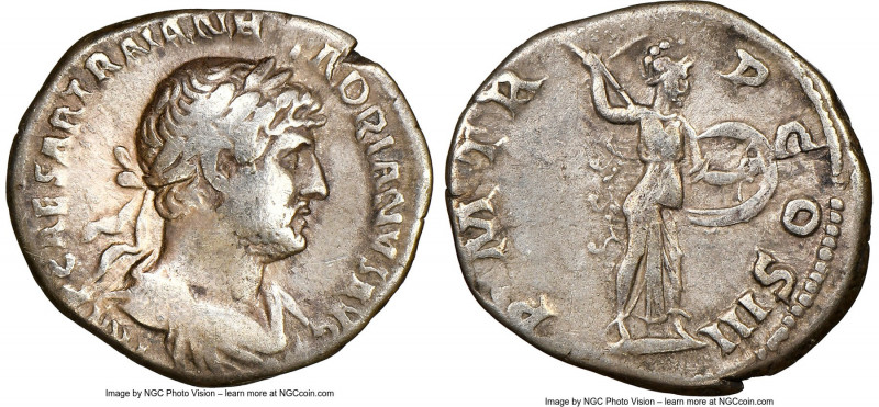 Hadrian (AD 117-138). AR denarius (19mm, 3.16 gm, 6h). NGC Choice Fine 5/5 - 4/5...