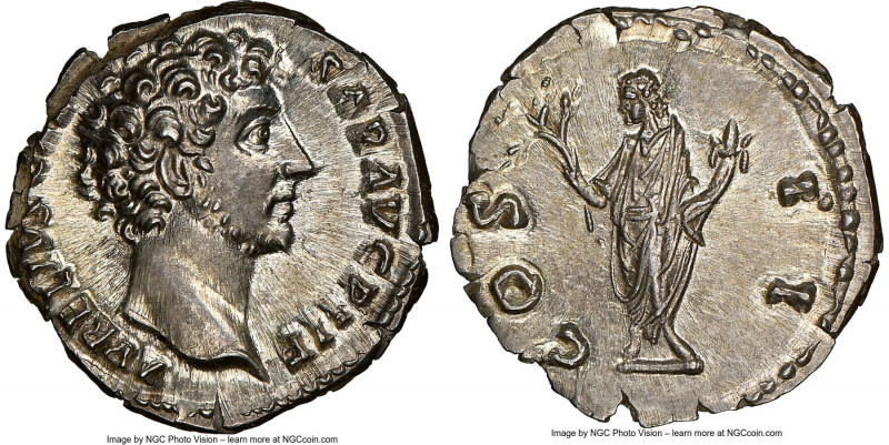 Marcus Aurelius, as Caesar (AD 161-180). AR denarius (19mm, 3.49 gm, 7h). NGC Ch...