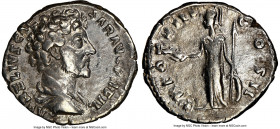 Marcus Aurelius, as Caesar (AD 161-180). AR denarius (18mm, 12h). NGC VF. Rome, AD 153-154. AVRELIVS CAE-SAR AVG PII F, bare headed, cuirassed bust of...