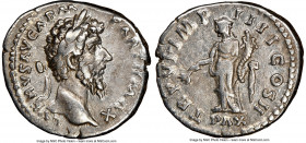Lucius Verus (AD 161-169). AR denarius (20mm, 11h). NGC VF. Rome, summer-December AD 166. L VERVS AVG-ARM PARTH MAX, laureate head of Lucius Verus rig...