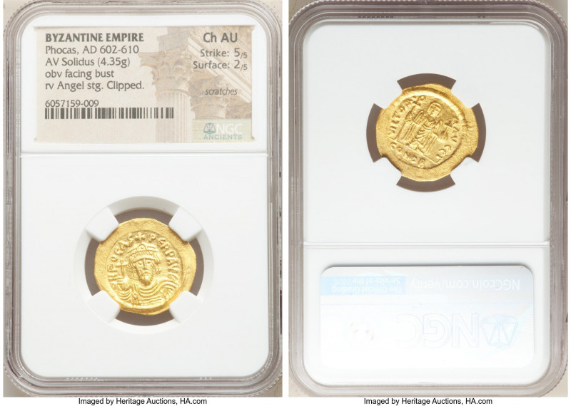 Phocas (AD 602-610). AV solidus (22mm, 4.35 gm, 7h). NGC Choice AU 5/5 - 2/5, sc...