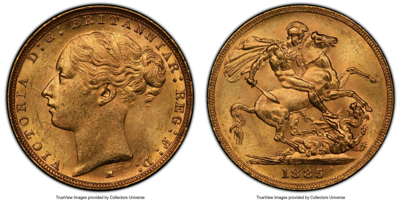 Victoria gold "St. George" Sovereign 1885-M MS63 PCGS, Melbourne mint, KM7, S-38...