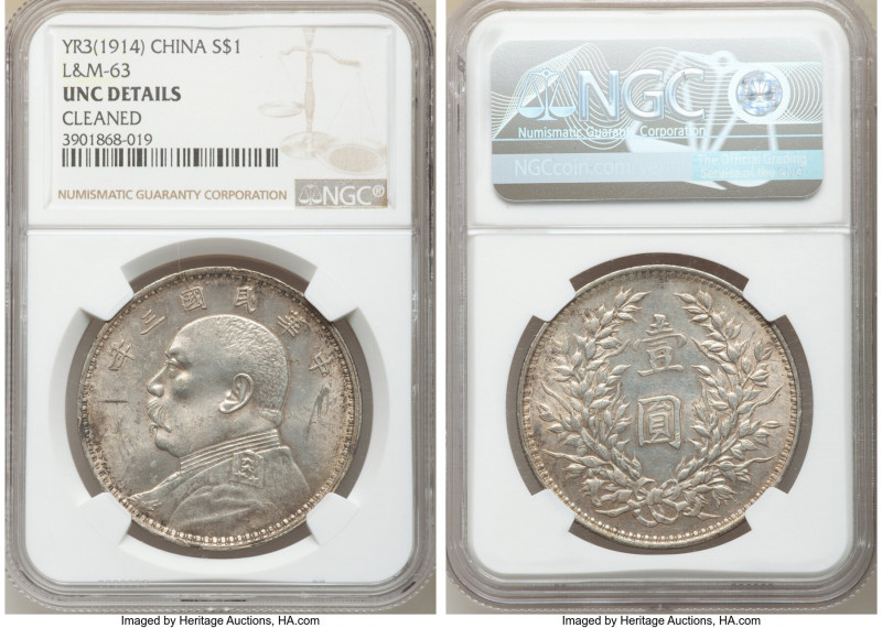 Republic Yuan Shih-kai Dollar Year 3 (1914) UNC Details (Cleaned) NGC, KM-Y329, ...