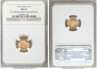 Republic gold Peso 1915 MS65 NGC, Philadelphia mint, KM16, Fr-7. Two year type, powder blue and rose toning. Ex. EMO Collection; Brand Collection 

...