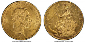 Christian IX gold 20 Kroner 1873 (h)-CS MS62 PCGS, Copenhagen mint, KM791.1. Lustrous reflective fields in buttery golden color. 

HID09801242017
...