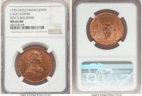 Louis XV copper "Kings Buildings" Jeton 1735-Dated MS66 Red and Brown NGC, Feuardent-3127. LUD XV REX CHRISTIANISS his uniformed bust right / PRISCUI ...