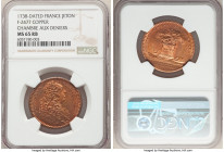 Louis XV copper "Chambre Aux Deniers" Jeton 1738-Dated MS65 Red and Brown NGC, Feuardent-2477. LUD XV REX CHRISTIANISS his bust right / ALIT HOMINES Q...