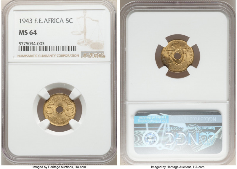 French Colony 5 Centimes 1943 MS64 NGC, Pretoria mint, KM3. Scarce type as issue...