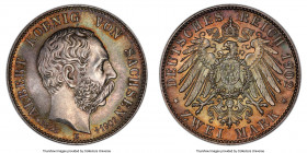 Saxony. Georg 2 Mark 1902-E MS65 PCGS, Muldenhutten mint, KM1255. Death of Albert commemorative. Yellow, red and olive-gray toning. 

HID09801242017...