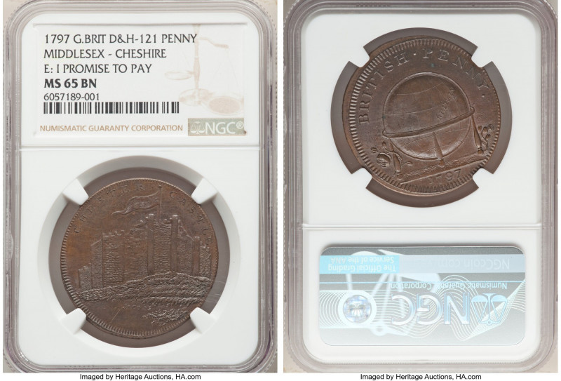 Middlesex. Cheshire copper Penny Token 1797 MS65 Brown NGC, D&H-121. Edge: I PRO...