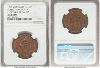 Sussex. Chichester copper 1/2 Penny Token 1794 MS64 Brown NGC, D&H-15. Edge: PAYABLE AT DALLYS. QUEEN ELIZABETH. Bust of Queen Elizabeth I in crown an...