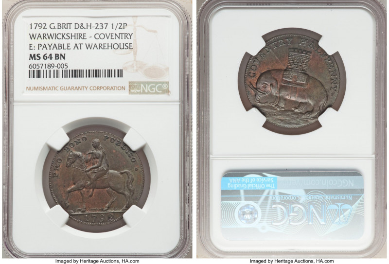 Warwickshire. Coventry copper 1/2 Penny Token 1792 MS64 Brown NGC, D&H-237. Edge...