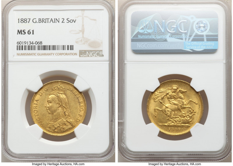 Victoria gold 2 Pounds 1887 MS61 NGC, KM768, S-3865. AGW 0.4710 oz. 

HID09801...