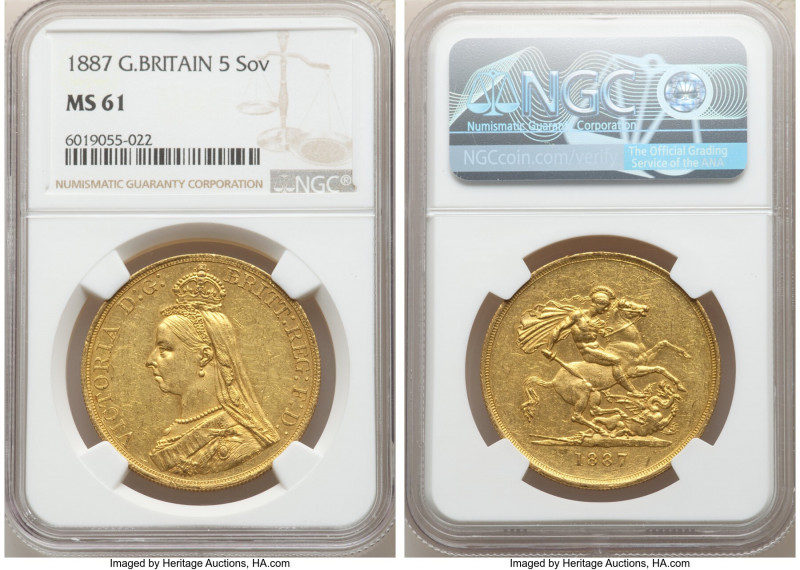 Victoria gold 5 Pounds 1887 MS61 NGC, KM769, S-3864. AGW 1.1775 oz. 

HID09801...