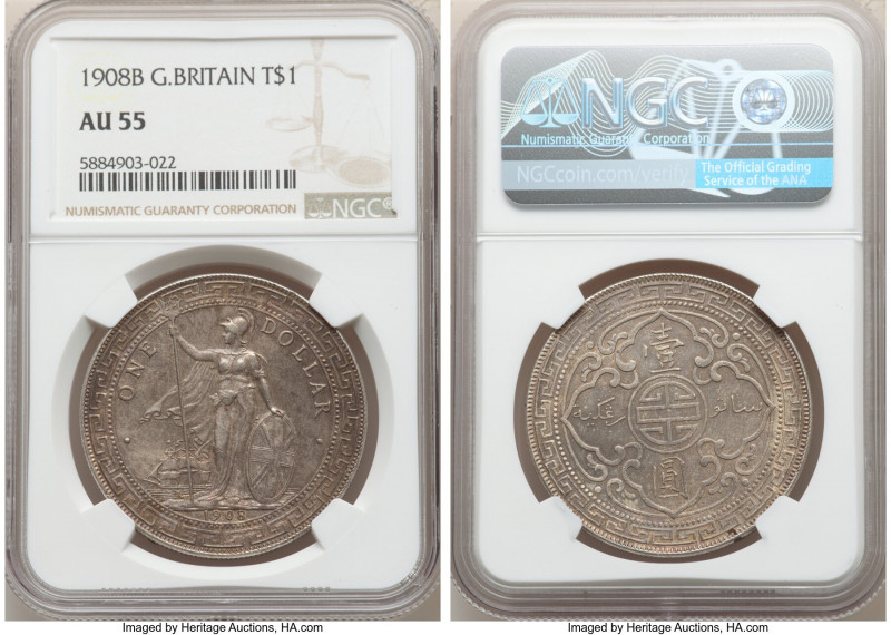 Edward VII Trade Dollar 1908-B AU55 NGC, Bombay mint, KM-T5. Lavender tinted gra...