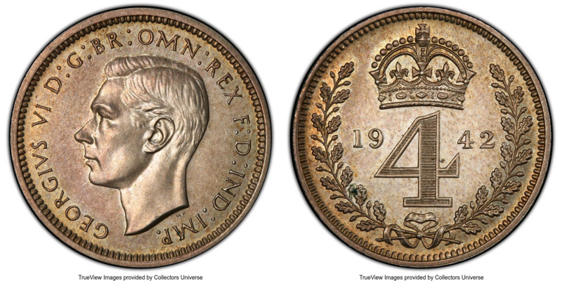 George VI 4-Piece Certified Prooflike Maundy Set 1942 PCGS, 1) Penny - PL65, S-4...